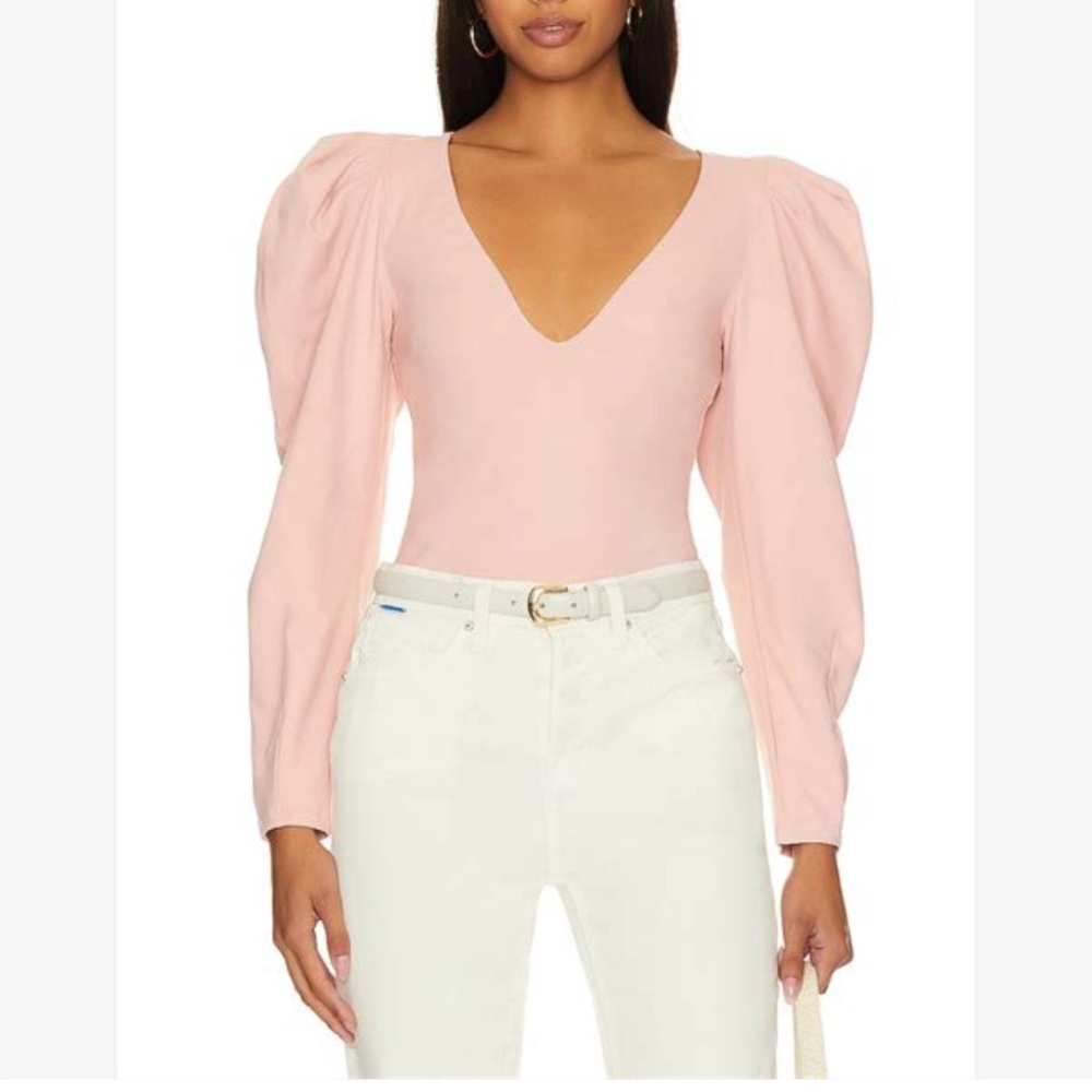 Intimately Free People Va Va Voop Bodysuit Pink Puff Shoulders Long Sleeve-XS